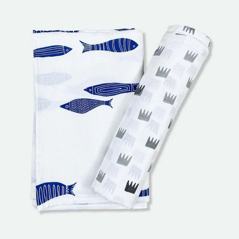 Grey Crowns & Indigo Aquarium Combo Swaddles- Pack Of 2