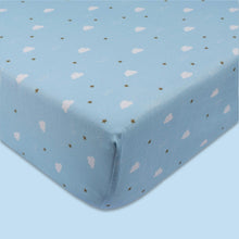 Load image into Gallery viewer, Blue Clouds Theme Organic Fitted Cot Sheet
