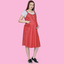 Load image into Gallery viewer, Red Rayon Dungaree Nursing Maternity Dress