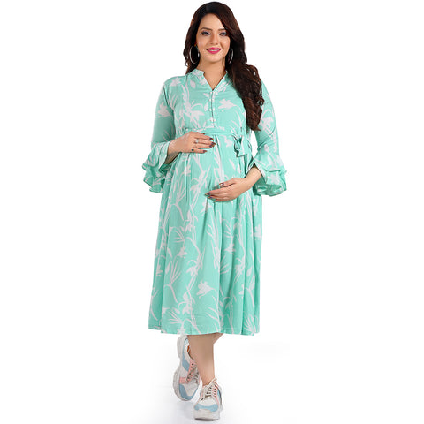 Green & Orange Tropical Printed Box Pleated Nursing Maternity Dress