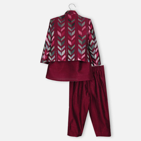 Maroon Sequins Embroidered Jacket With Kurta & Pant