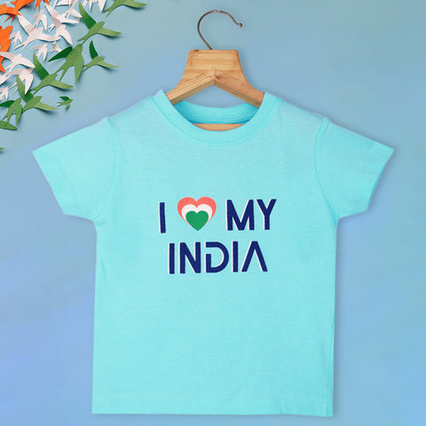 Blue & White I Love India Theme Half Sleeves T-Shirt