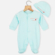 Load image into Gallery viewer, Blue Mom Plus Dad Embroidered Full Sleeves Footsie With Cap