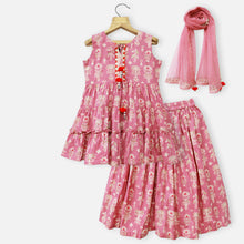 Load image into Gallery viewer, Pink Tiered Cotton Kurta With Flared Palazzo & Dupatta