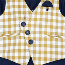Load image into Gallery viewer, Mustard Checked Printed Waistcoat With Blue Shirt &amp; Pant

