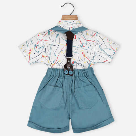 White Abstarct Printed T-Shirt & Shorts With Suspender Set
