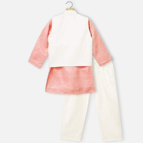 White Embroidered Jacket With Peach Kurta & Pajama