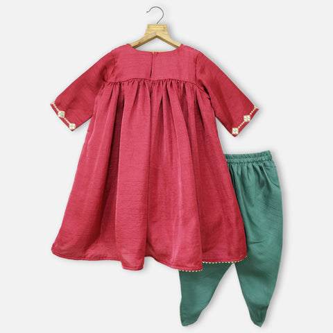 Maroon Applique Mirror Embroidered Kurti With Green Dhoti Set