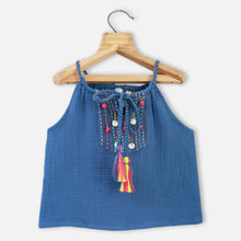 Load image into Gallery viewer, Blue Embroidered Halter Neck Top With Shorts Co-Ord Set
