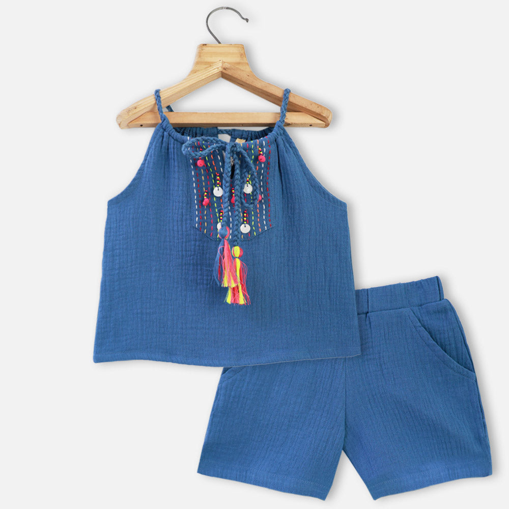 Blue Embroidered Halter Neck Top With Shorts Co-Ord Set