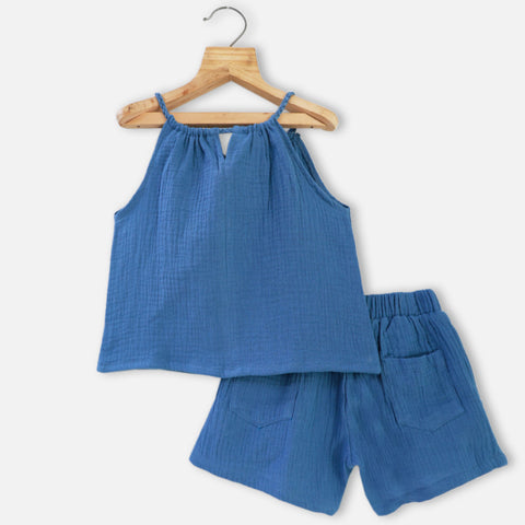 Blue Embroidered Halter Neck Top With Shorts Co-Ord Set