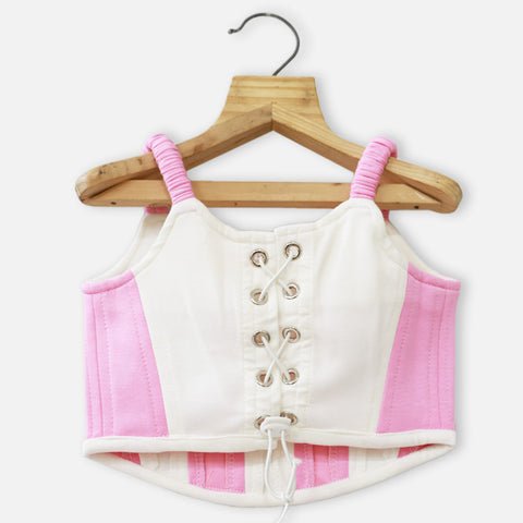Pink Back Eyelet Lace Up Crop Top