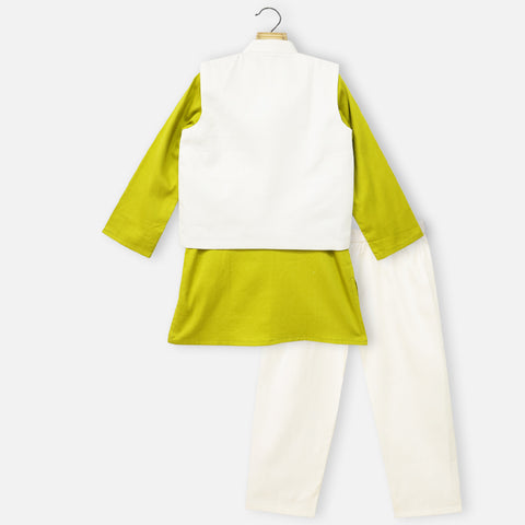 White Embroidered Jacket With Green Kurta & Pajama