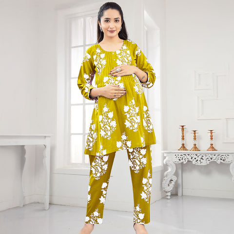Blue & Yellow Floral Printed Nursing Maternity Co-Ord Set