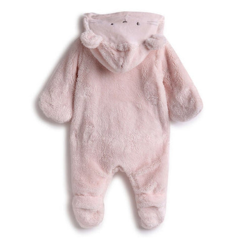 Pink Hooded Footsie With Folded Mittens