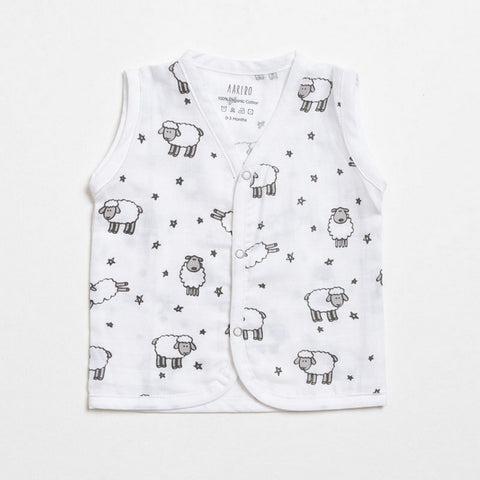 White Counting Sheep Printed Sleeveless Muslin Jabla - Pack Of 2