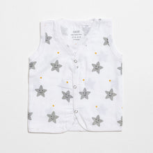 Load image into Gallery viewer, White Smiley Star Printed Sleeveless Muslin Jabla - Pack Of 2