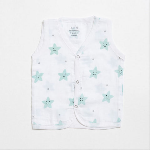 White Smiley Star Printed Sleeveless Muslin Jabla - Pack Of 2