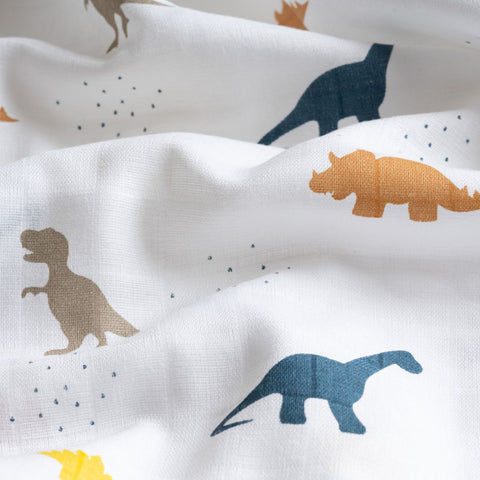 White Little Dino Printed  Muslin Swaddle