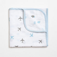 Load image into Gallery viewer, Blue Airplane Theme Reversible Muslin Blanket