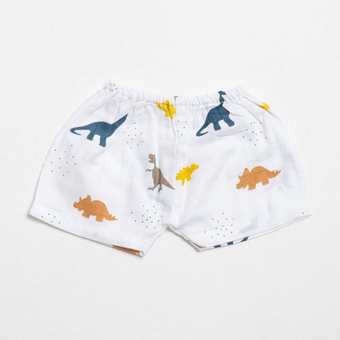 White Little Dino Printed Muslin Shorts Pack Of 2