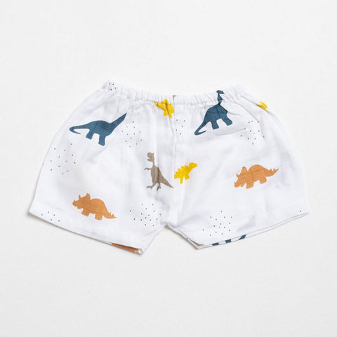 White Little Dino Theme Muslin Shorts