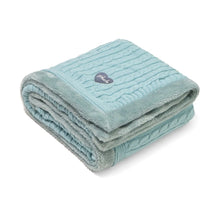 Load image into Gallery viewer, Blue Cable Knit With Embroidered Heart Cotton Knitted Blanket With Faux Fur Back