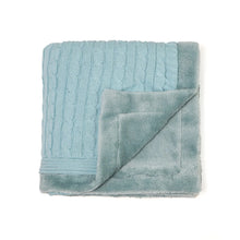 Load image into Gallery viewer, Blue Cable Knit With Embroidered Heart Cotton Knitted Blanket With Faux Fur Back