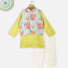 Load image into Gallery viewer, Blue Floral Printed Nehru Jacket With Green Kurta &amp; Pajama

