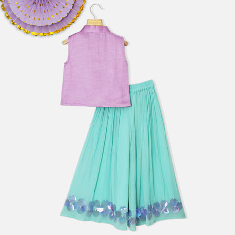 Purple Pleated Crop Top With Paillette Sequins Flared Palazzo