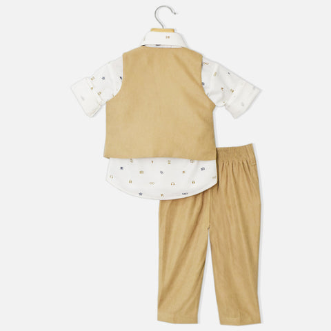 White Graphic Printed Shirt With Beige Waistcoat And Pant Set