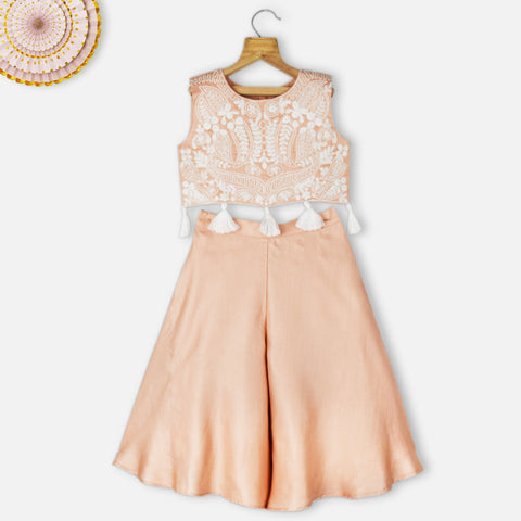 Beige Dori Embroidered Crop Top With Flared Palazzo