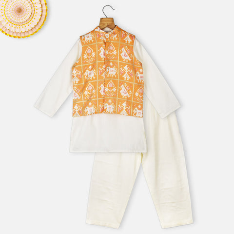 Orange Patola Printed Nehru Jacket With Kurta & Pajama