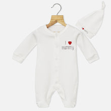 Load image into Gallery viewer, White I Love Mummy Embroidered Full Sleeves Footsie With Cap