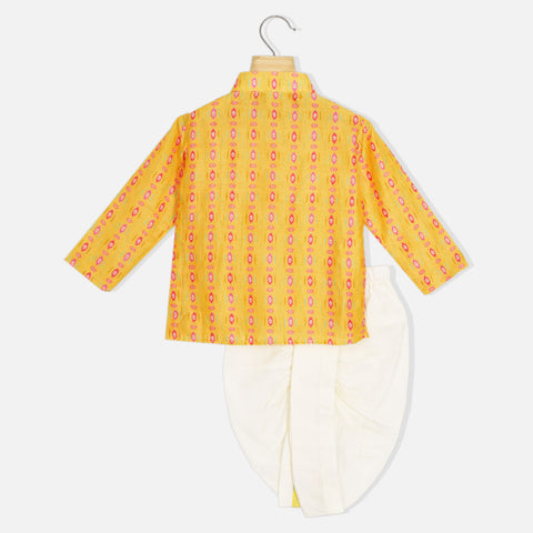 Yellow Mandarin Collar Kurta With White Dhoti