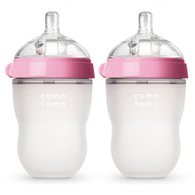 Load image into Gallery viewer, 250ml Pink Twin Pack Silicone Feeding Bottle