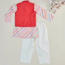 Load image into Gallery viewer, Red Embroidered Nehru Jacket With Colorful Striped Kurta & Pajama