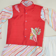 Load image into Gallery viewer, Red Embroidered Nehru Jacket With Colorful Striped Kurta & Pajama