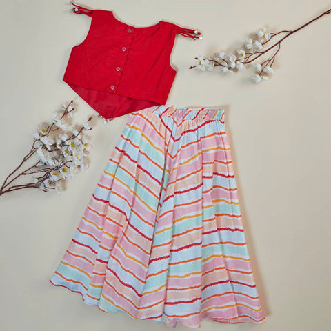 Red Dori Embroidered Crop Top With Striped Palazzo