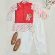 Load image into Gallery viewer, Red Embroidered Nehru Jacket With Colorful Striped Kurta & Pajama