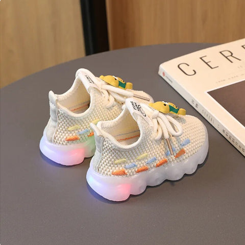 Beige Breathable Sneakers With LED Light-Up