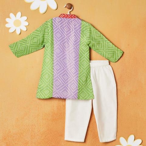 Green  Bandhani Printed Kurta With White Pajama