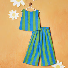 Load image into Gallery viewer, Blue & Green Striped Top With Pant Co-Ord Set