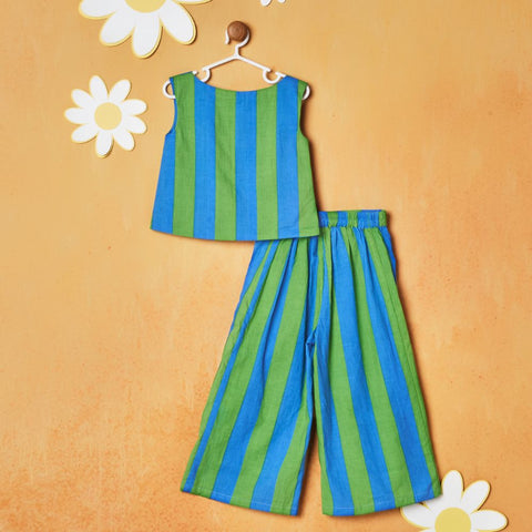 Blue & Green Striped Top With Pant Co-Ord Set