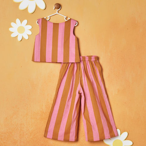 Pink & Brown Striped Top With Pant Co-Ord Set