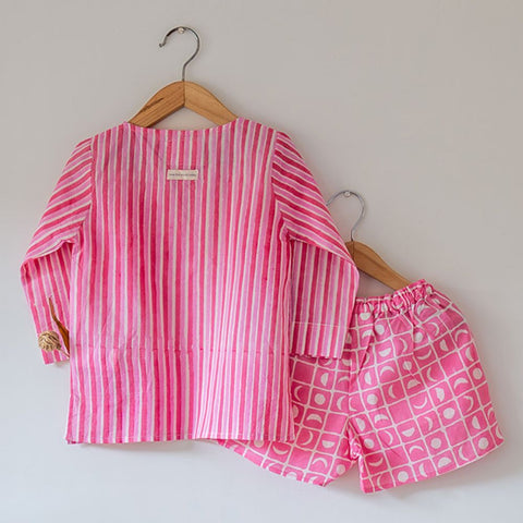Pink Cotton Striped Kurta & Moon Chase Shorts Set