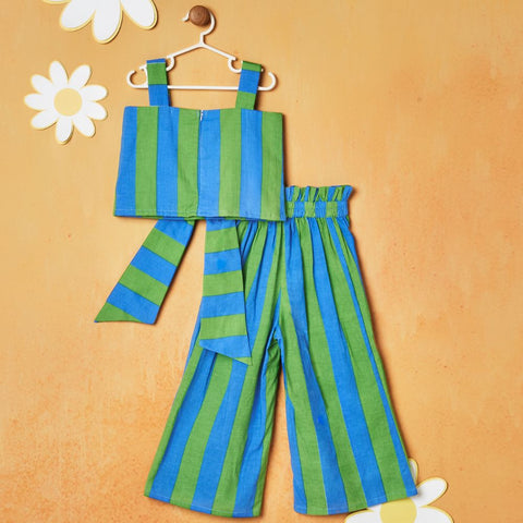 Green & Blue Striped Top With Palazzo Set