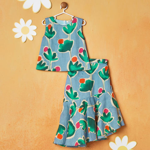 Blue Floral Sleeveless Top With Skirt Set