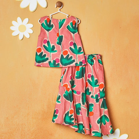 Pink Floral Sleeveless Top With Skirt Set