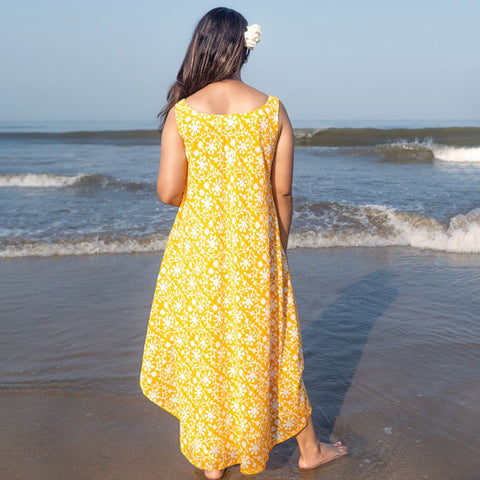Yellow Floral Hand Block Printed Dress